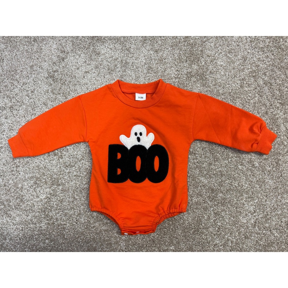Baby Halloween Boo Ghost Orange Sweatshirt Bodysuit Romper 0-3M
